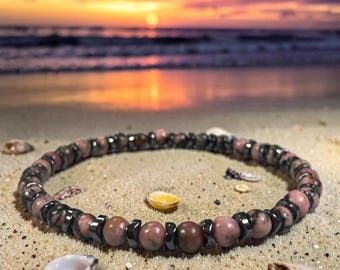 Rhodonite & Hematite Bracelet | Handmade Pink Gemstone Stretch Bracelet | Natural Crystal Jewelry | Gift for Women