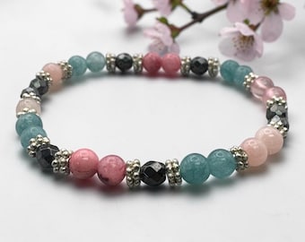 Healing Crystal Bracelet, Protection Bracelet, Rose Quartz Amethyst Black Onyx Bracelet, Self Care Gift for Women 4mm beads