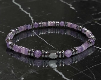 Amethyst Hematite Beaded Women Bracelet, Healing Balance Inner Peace Calming Crystals Bracelet Gift for Women