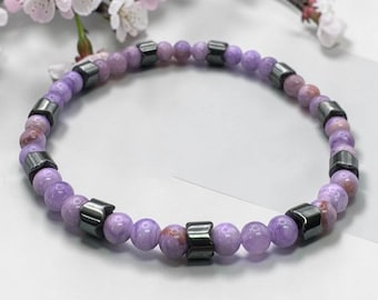 Purple Chalcedony Hematite Bracelet, Healing Crystal Bracelet, Grounding Protection Calming Gemstone Gift for Women 4mm