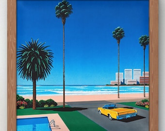 May include: A framed painting of a yellow convertible driving on a road near a beach with palm trees and buildings in the background. The sky is blue and the water is turquoise.