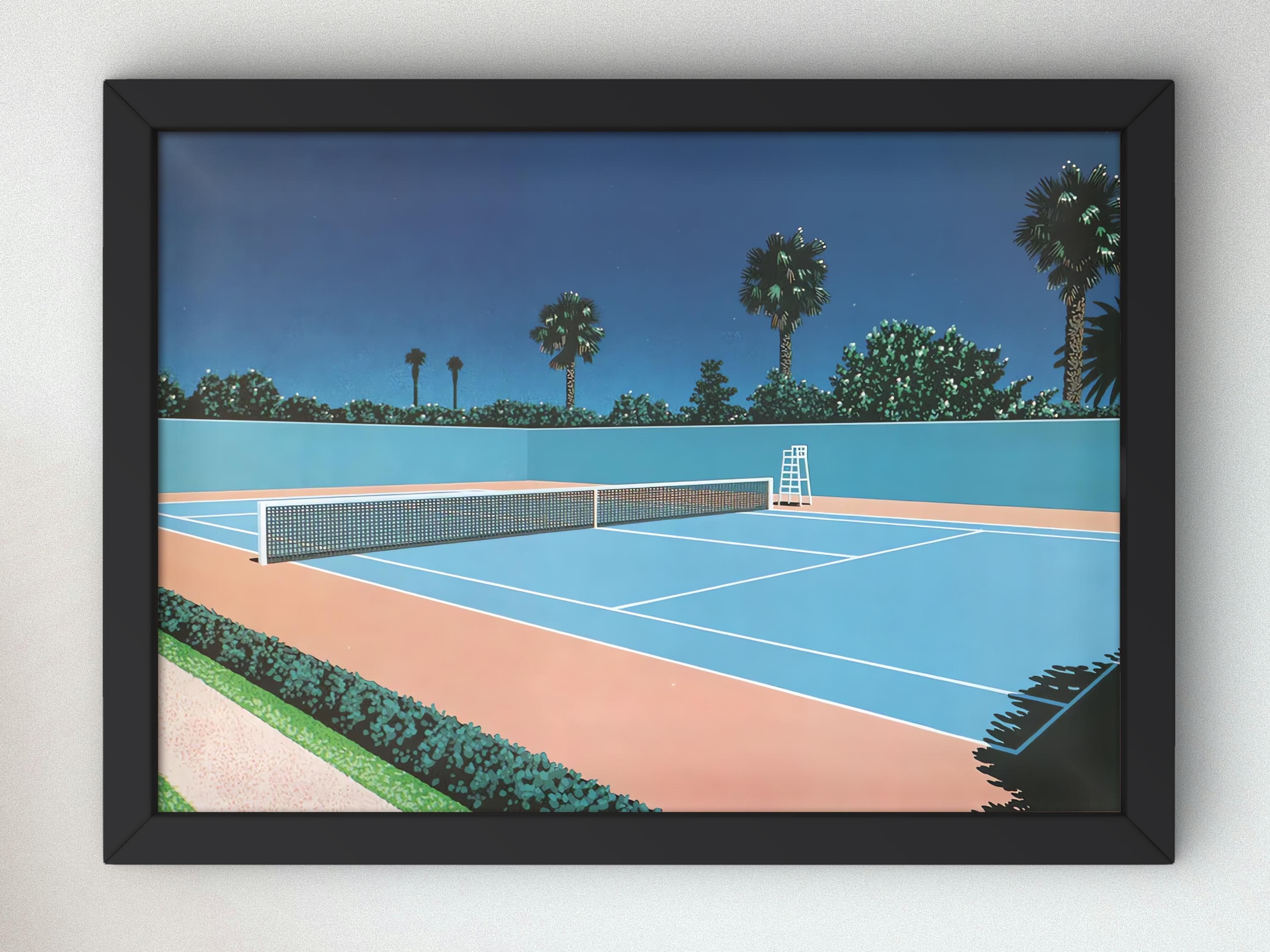 【額縁付き】 永井博（Hiroshi Nagai） A2ポスター テニスコート 永井博によるテニスキャンプ、ポスター、80年代の美学、ヴェイパー
