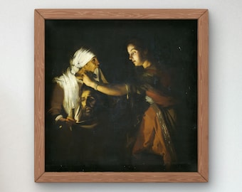Puede incluir: Una pintura que representa una escena dramática con tres figuras. Una mujer con un tocado blanco sostiene una cabeza cortada, mientras otra mujer con un vestido rojo y dorado observa. La pintura está ambientada en una habitación oscura y sombría.