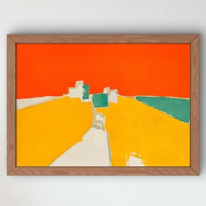 Puede incluir: Un cuadro abstracto de paisaje enmarcado que presenta un cielo naranja vibrante sobre un campo amarillo brillante. La composición incluye un camino blanco central que conduce hacia estructuras geométricas blancas y verde azulado, todo en un marco de madera.