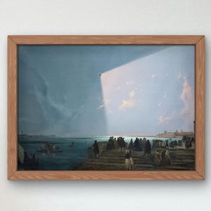 May include: A framed painting depicting a seascape with a large, bright light shining down from the sky. The light illuminates a group of people standing on a pier, while boats are visible in the water.