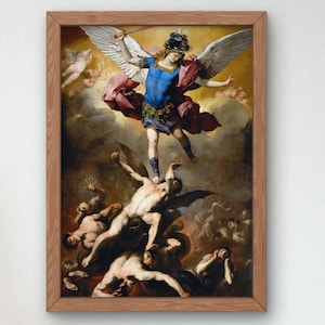May include: A framed oil painting print depicting a winged figure in a blue tunic and red cloak descending from golden clouds to subdue a group of dark, fallen figures below. The artwork is enclosed in a simple, light brown wooden frame.