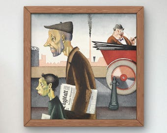 Pode incluir: Uma pintura em aquarela que retrata três figuras caminhando por uma rua. A figura à esquerda é um menino pequeno segurando um jornal. A figura do meio é um homem mais velho com um jornal debaixo do braço. A figura à direita é um homem em um carro. A pintura é emoldurada em uma moldura de madeira.