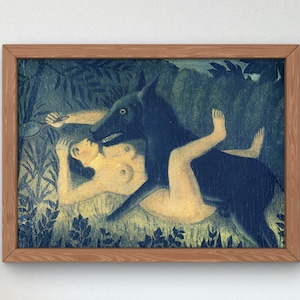 Peut inclure: Une peinture représentant une femme et un loup noir dans un décor de jungle. La femme est allongée sur le dos, les jambes levées, tandis que le loup est sur elle, la tête tournée vers le spectateur. La peinture est réalisée dans un style sombre et stylisé, les figures et l'arrière-plan se fondant l'un dans l'autre.