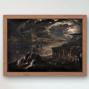 May include: A framed painting depicting a dramatic scene of a city under a stormy sky. Lightning strikes illuminate the dark clouds above the city, which is partially obscured by fog.  The painting is in a dark, muted color palette with hints of gold and white.