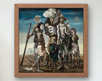 May include: A painting depicting a group of people walking in a desolate landscape. The figures are dressed in tattered clothing and appear to be carrying their belongings. The sky is a dark blue with a few birds flying overhead. The painting is framed in a wooden frame.