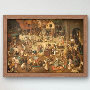 May include: A framed painting depicting a bustling medieval marketplace scene with many people, buildings, and animals. The painting is in a warm, earthy color palette with a focus on the details of the people and their activities.