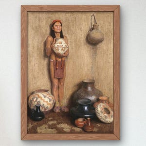 Peut inclure: Peinture encadrée représentant une personne tenant un pot en céramique décoré, entourée d'autres poteries. L'œuvre utilise une palette de couleurs chaudes avec des tons terre et un fond texturé. Divers pots de différentes tailles et motifs sont disposés dans la scène.