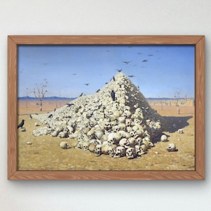 Peut inclure: Une peinture représentant un grand tas de crânes humains dans un paysage désertique. Les crânes sont disposés en forme de pyramide, et plusieurs corbeaux sont perchés au sommet. Le ciel est bleu et le sol est brun.