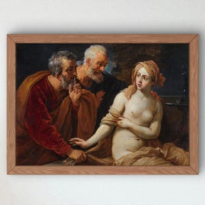Könnte beinhalten: Ein gerahmtes Ölgemälde, das eine Szene mit drei Figuren zeigt. Zwei ältere bärtige Männer in dunkelroten und schwarzen Gewändern stehen hinter einer sitzenden, teilweise drapierten Figur mit heller Haut und einer Kopfbedeckung.