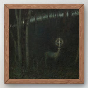 May include: A square framed painting depicting a deer standing in a dark, dense forest. The deer is positioned centrally, with a glowing, luminous star-like symbol hovering directly above its head, casting a soft light amidst the deep shadows.