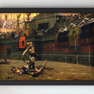 May include: A painting depicting a scene from a Roman gladiatorial contest. A fallen gladiator lies on the sand, while a victorious gladiator stands over him, holding a sword. The background shows a crowd of spectators in the stands.