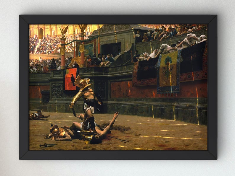 May include: A painting depicting a scene from a Roman gladiatorial contest. A fallen gladiator lies on the sand, while a victorious gladiator stands over him, holding a sword. The background shows a crowd of spectators in the stands.