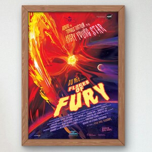 May include: A framed poster featuring a vibrant space illustration with a bright star emitting red and orange flares. The text reads Beware the Terrible Tantrum of the Angry Young Star, AU Mic Flares of Fury, and Galaxy of Horrors, with NASA branding.