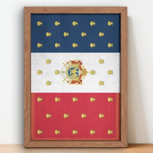 Peut inclure: Une impression encadrée d'un drapeau historique avec un design bleu, blanc et rouge. Le drapeau présente un blason avec un aigle doré et des abeilles dans un motif répétitif.
