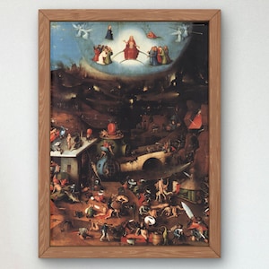 May include: A framed painting depicting a scene of heaven and hell. The top half of the painting shows a group of people ascending to heaven, while the bottom half shows a chaotic scene of people being tortured in hell. The painting is in a dark, muted colour palette.
