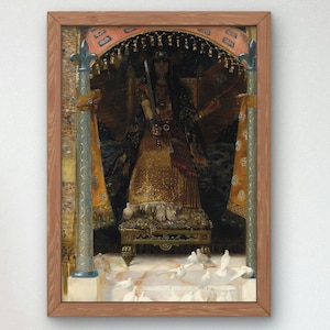 Peut inclure: Une impression encadrée d'une peinture représentant une silhouette assise sur un trône orné sous un dais, tenant une épée. La silhouette porte un vêtement doré. Deux hautes colonnes encadrent la scène et plusieurs colombes blanches sont au sol.