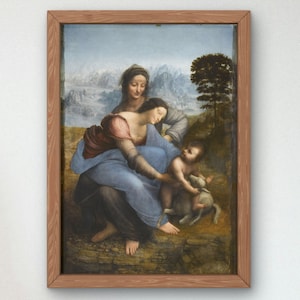Peut inclure: Une peinture représentant une femme et un enfant dans un paysage. La femme porte une robe bleue et un châle rouge. L'enfant tient un agneau. L'arrière-plan est un paysage montagneux avec un ciel bleu.