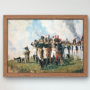 May include: A painting depicting a group of soldiers in military uniforms standing in a field. The soldiers are wearing black and white uniforms with red accents. They are holding rifles and are looking towards the viewer. The painting is set against a backdrop of a cloudy sky.