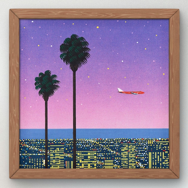 Samolot Downtown Sunset autorstwa Hiroshi Nagai, druk artystyczny, Vaporwave, Synthwave, sztuka japońska, plakat jakości muzeum, sztuka estetyczna lat 80.