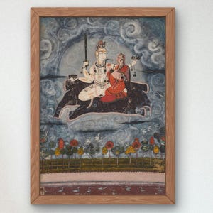 Peut inclure: Une œuvre d'art encadrée représentant une scène religieuse. La peinture montre deux personnages sur un animal sombre, sur fond de nuages tourbillonnants. Les personnages portent des vêtements blancs et rouges, avec un paysage de fleurs et d'oiseaux en bas.