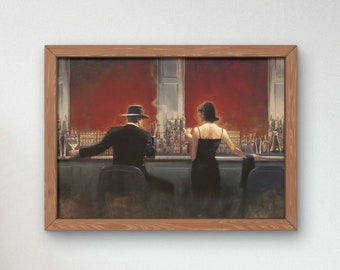 Puede incluir: Una pintura enmarcada de un hombre y una mujer sentados en un bar. El hombre lleva un sombrero fedora y un traje, y la mujer lleva un vestido negro. El bar está tenuemente iluminado y hay botellas de licor en las estanterías detrás de ellos.