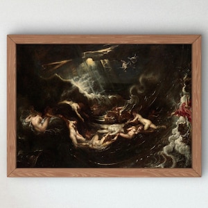 Peut inclure: Une peinture à l'huile encadrée représentant une scène sombre et dramatique avec plusieurs personnages dans une mer agitée sous un ciel orageux. Une lumière vive brille d'en haut, illuminant les figures et les vagues, le tout dans un cadre en bois.