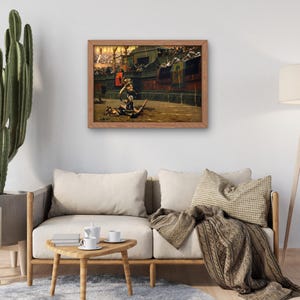May include: A framed painting depicting a scene from a Roman gladiatorial contest. The painting shows a gladiator in a red tunic fighting a wild animal in a sand arena. The scene is set in a large amphitheatre with spectators in the background.