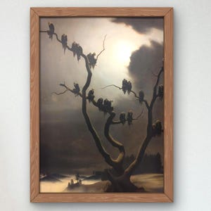 May include: A framed painting depicting a dark, ominous scene with a bare tree silhouetted against a cloudy sky.  The tree is covered in crows, creating a sense of foreboding.  The painting is framed in a simple wooden frame.