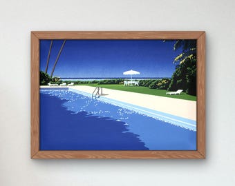 May include: A framed print of a retro-style illustration depicting a swimming pool with a white umbrella and lounge chairs. The pool is surrounded by lush green foliage and a blue sky.