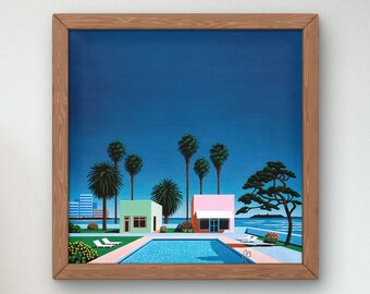 Puede incluir: Una pintura de una casa moderna y minimalista con una piscina. La casa está pintada en tonos de rosa y verde, y la piscina es de un azul brillante. La casa está rodeada de palmeras y un césped verde exuberante. El cielo es de un azul profundo, y el sol se está poniendo en la distancia.
