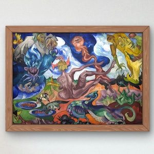 May include: A framed painting depicting a surreal scene with multiple figures and creatures. The figures are painted in vibrant colors, including blue, green, yellow, and red. The painting has a whimsical and abstract style.