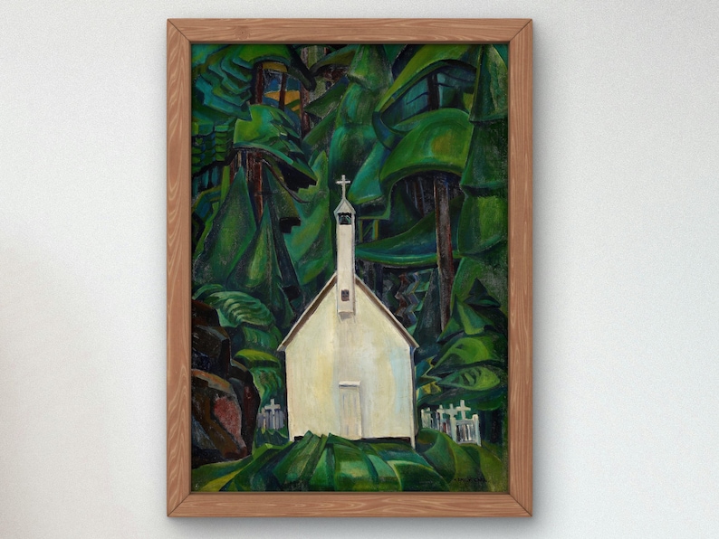 May include: A painting of a white church with a cross on top, surrounded by dark green trees. The church is in the center of the painting and is the main focus. The trees are painted in a stylized way, with their leaves and branches overlapping and creating a sense of depth.