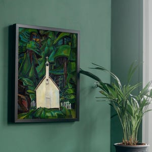 May include: A painting of a white church with a steeple, surrounded by dark green trees. The church is in the center of the painting and is the focal point. The trees are dark green and create a sense of mystery and depth.