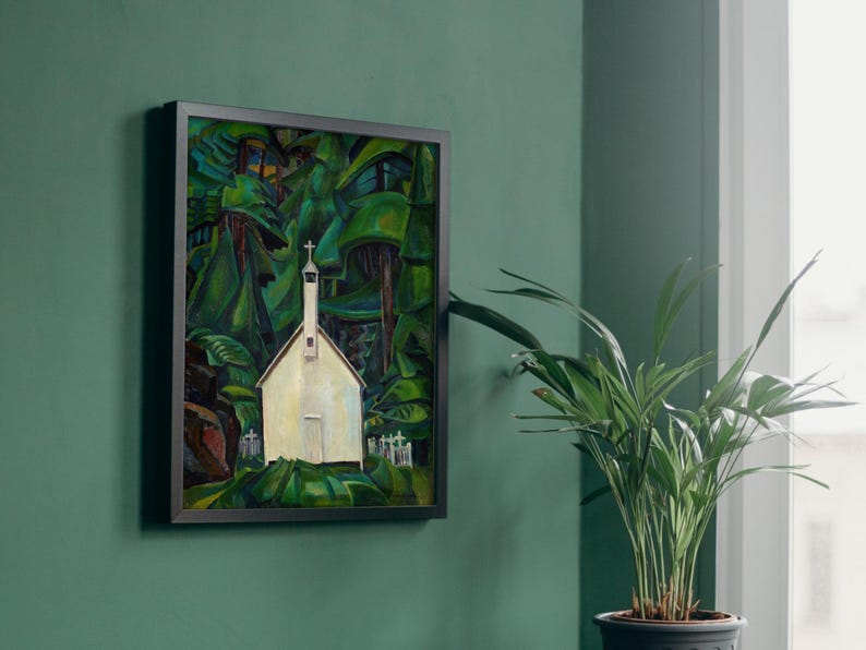 May include: A painting of a white church with a steeple, surrounded by dark green trees. The church is in the center of the painting and is the focal point. The trees are dark green and create a sense of mystery and depth.