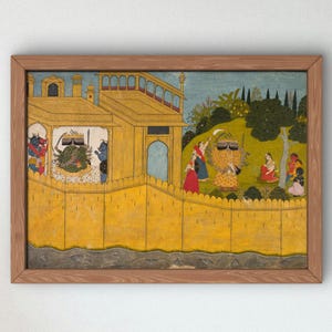 May include: A framed, colorful Indian miniature painting. The artwork depicts a scene with figures in traditional attire, set against a backdrop of yellow walls and a green landscape. The painting has a whimsical quality, with some figures wearing sunglasses.