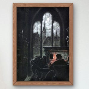 Peut inclure: Une peinture représentant une personne assise dans une pièce sombre près d'une cheminée, regardant par une grande fenêtre cintrée un paysage urbain. La fenêtre est divisée en plusieurs carreaux. Le paysage urbain est éclairé par une pleine lune.