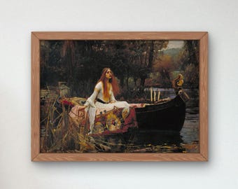 May include: A painting of a woman in a white dress sitting in a boat on a river. The woman has long red hair and is looking to the right. The boat is dark and has a red and gold patterned cushion. The river is dark and there are trees in the background.