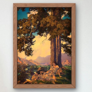Può includere: Un dipinto che ritrae due persone che riposano sotto un grande albero in un paesaggio. Il cielo è di un azzurro tenue con sfumature di rosa e arancio. L'albero è di un verde scuro con un tronco spesso. Le persone indossano abiti chiari e sono sdraiate a terra. La scena è pacifica e serena.