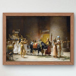 May include: A painting depicting a procession of people in ancient Egyptian clothing, with a black bull at the centre. The people are carrying offerings and walking towards a temple. The painting is set against a backdrop of a golden sky and a lush green landscape.