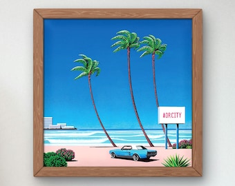 Puede incluir: Un coche vintage azul conduce por una playa con palmeras y un cartel que dice "AOR CITY".