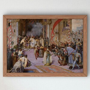 Peut inclure: Tableau historique encadré représentant une scène de couronnement. L'œuvre présente de nombreuses figures en costumes d'époque, avec un accent central sur une cérémonie. La palette de couleurs comprend des rouges, des ors et des bleus riches.