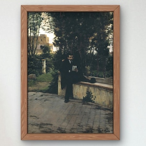May include: A man in a dark suit sits on a stone bench in a garden setting. He is reading a letter and appears to be lost in thought. The background features lush greenery and a building in the distance.