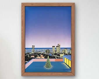 May include: A framed illustration of a city skyline at night with a Christmas tree on a rooftop. The sky is a gradient of purple and blue, and the city lights are twinkling.