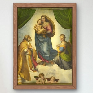 May include: A framed painting depicting the Assumption of the Virgin Mary. The painting features Mary ascending to heaven, surrounded by clouds, with angels and two figures below. The painting is set against a green and gold background.