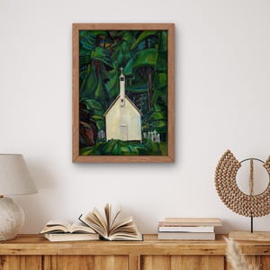 May include: A painting of a white church with a steeple, surrounded by dark green trees. The church is set against a backdrop of lush foliage, creating a sense of tranquility and isolation.